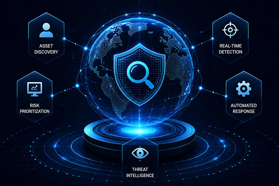 Asset discovery, real-time detection, risk prioritization, automated response and threat intelligence
