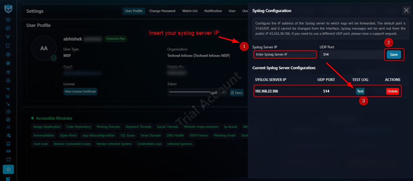 Syslog configuration screen